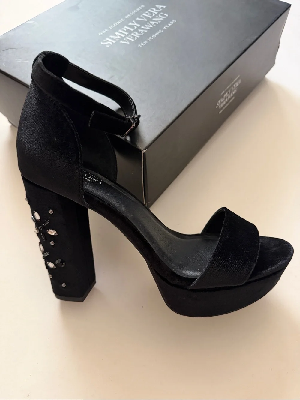 Simply VW Velvet Platform Block Heels with Jewel Accents